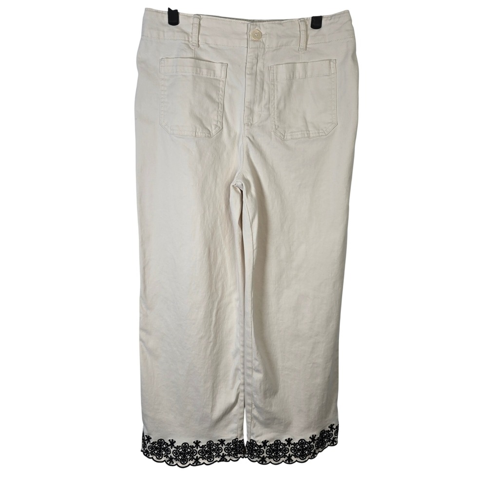 Bagatelle Collection Women Cropped Wide Leg Pants Cream Black Embroidered Hem 10